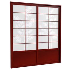 an open red door with frosted glass on the doors and side panels that have white snowflakes on them