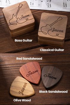 four wooden guitar picks with names on them and music notes in the backgroud