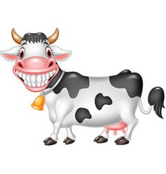 a cartoon cow with a bell around its neck and big smile on it's face