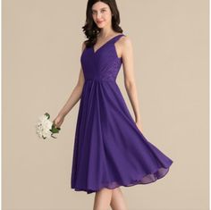 Jj's House V-Neck Knee-Length Chiffon Lace Bridesmaid Dress With Ruffle (266203579) Color: Regency Size: 6 Beautiful Deep Purple Dress With Lace Back, Gathered Bodice, And Crystal Buttons. Deep Purple Dress, Blush Cocktail Dress, Blue Ruffle Top, Jjs House, Knee Length Bridesmaid Dresses, Chiffon Lace Dress, Lace Bridesmaid Dress, Gathered Bodice, Royal Blue Lace