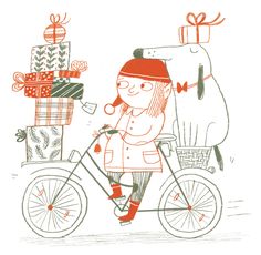 a drawing of a girl riding a bike with presents on the back and a bear standing next to her