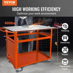 an orange workbench with the text high working efficiency optimize your work environment