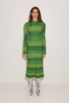 Crew neck long sleeve midi length dress in a custom SIMON MILLER distorted stripe printed ribbed knit. Details Model: W7028-6050-96261 62% ACRYLIC, 7% WOOL, 28%, POLYESTER, 3% LYCRA Imported Length: 48inches Sleeve Length: 24.5inches MACHINE WASH COLD, DO NOT BLEACH, TUMBLE DRY NORMAL, IRON LOW HEAT. Sizing Mireya is 5'10" and wears a size S Bust: 32" Waist: 25" Hips: 36" Striped Sweater Dress, Simon Miller, Crisp White Shirt, Ribbed Dresses, Vogue Fashion, Long Sleeve Midi, Midi Length Dress, Stripe Sweater, Stripe Print