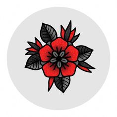 a drawing of a red flower with black leaves on a white background in a circle