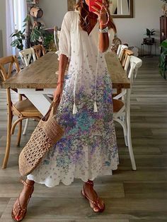 Casual V Neck Floral Short Sleeve Loosen Dresses Vanuatu, Bohemian Dresses Long, Beach Holiday Dresses, Floral Dresses Long, Printed Long Dresses, High Waist Fashion, Half Sleeve Dresses, Bhutan, Women Long Dresses