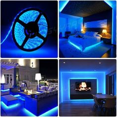 four different views of a bedroom with blue lighting