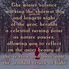 a woman standing in the middle of a forest with a quote on it that reads, the winter solstice marking the shortest