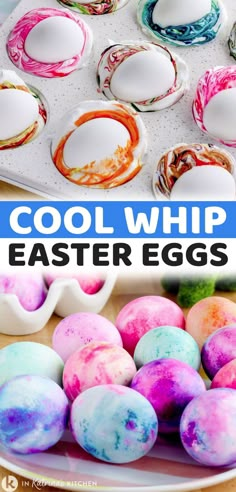 an egg tray filled with dyed eggs and the words cool whip easter eggs on it