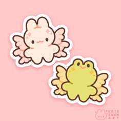 two stickers with an image of a frog and a bird