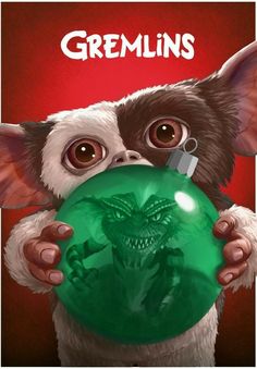 a small dog holding a green ball in its mouth with the words gremlin's on it