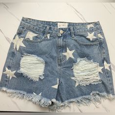 Star Print Denim Shorts Size Small & Medium Available New With Tags. Waist Measurements: S: 28in M: 29in High Waist Fit, Front Inseam Is Approx 11’ Distressed Throughout. Great For Game Days! Printed Denim Shorts, Custom Jean Shorts, Thrift Ideas, Descendants Dr, Star Shorts, Communication Relationship, Custom Jeans, Print Denim, Stripe Outfits