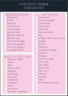 the college dorm checklist is shown in pink