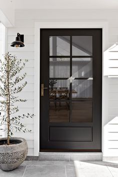 a black front door with glass panels and a potted plant on the side walk