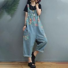 Comfortable, One of Kind. Overalls online shop,|Street|Denim|Printed|Full Length|Button|Pullover|Loose|Female|Light Blue|Dark Blue|One Size|Summer|Hand Wash Casual Cotton Overalls With Buttons, Casual Blue Overalls With Buttons, Casual Relaxed Fit Overalls With Buttons, Casual Baggy Patchwork Overalls, Loose Overalls Outfit, Ripped Overalls, 90s Overalls, Strap Jeans, Red Overalls