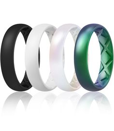 three different colored rings with black and white bands