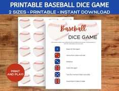 printable baseball dice game is shown on a wooden table with red and blue dices