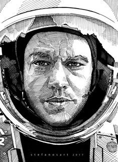 an ink drawing of a man in a spacesuit