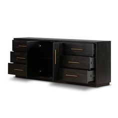 the sideboard is made out of wood and has three drawers, one with gold handles