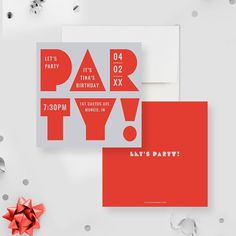 two red and gray party cards with silver confetti