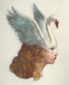 a painting of a woman's head with a white swan on her forehead and wings