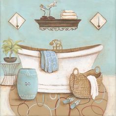 a painting of a bathtub with towels and other items