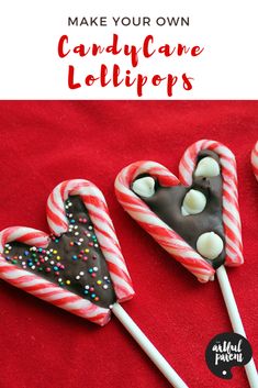 three candy cane lollipops on a red background with the words make your own candy cane lollipops