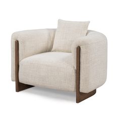 a white chair with two pillows on it's back and one arm in the shape of a recliner