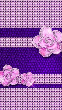 two purple roses on a blue and white striped background with diamond trimming around the edges