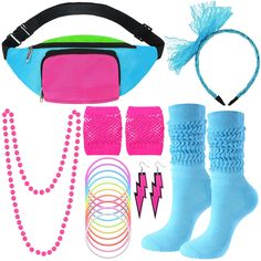 PRICES MAY VARY. Complete Set: these 80s costume accessories for women include 1 lace covered hairband, 1 pair nylon fishnet gloves, 10 rubber bracelets, 1 pair plastic earrings, 1 plastic necklace, 1 pair polyester, 1 oxford cloth fanny pack and spandex socks; This considerate set provides customers with the things they need to create a vintage 80s look Reliable and Soft Materials: each piece in these 80s costumes for women accessories is made from reliable materials for durability and comfort; Hair Band Bracelet, 80s Costumes, 80s Accessories, Fishnet Gloves, Plastic Necklace, Neon Retro, 80s Costume, 80s Look, Bold Color Schemes