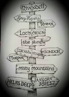 a drawing of a sign post with many directions