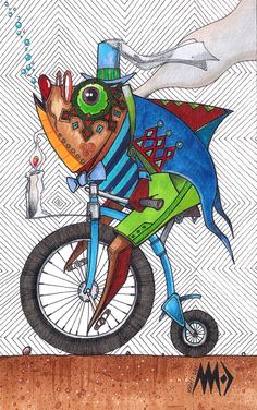 a drawing of a person riding a bike with a fish on it's back