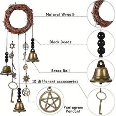 the parts of a wind chime are shown in this diagram, including bells and pentagrams