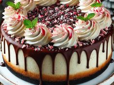 a chocolate cake with white frosting and candy canes on top is sitting on a plate