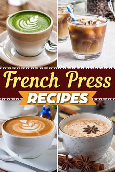 french press coffee recipe collage with four different cups and saucers on the side