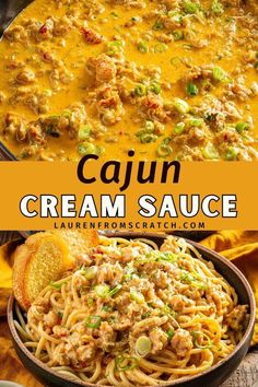 cajun cream sauce in a skillet with bread on the side and an image of it