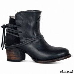 Olivia Mark - Chunky Heel Shoes with Back Tie Straps by Juti Celana Kargo, Black Leather Shoes Women, Leather Shoes Women, Vintage High Heels, Womens Leather Ankle Boots, Fashion Shoes Boots, Popular Boots, Chunky Heel Ankle Boots, Chunky Heel Shoes