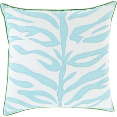 a blue and white pillow with green piping on the front, featuring an abstract design