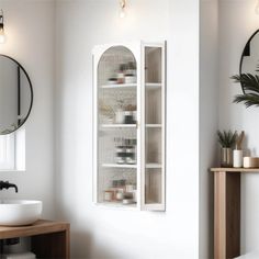 a bathroom with a sink, mirror and shelves