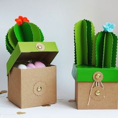 two cardboard boxes with cactus decorations in them