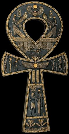 an egyptian cross with gold and black designs