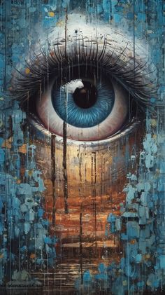 an eye with blue and orange paint on it's face is shown in this painting