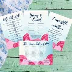 three wedding game cards with the words, i love you so much and flowers on them