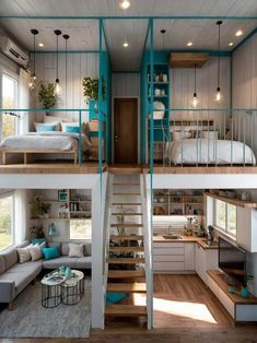 this is a loft bedroom with stairs leading to the upper floor and second story bed