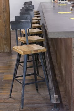 the bar stools are lined up against the wall