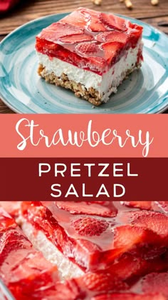 strawberry pretzel salad on a plate with strawberries in the background and text overlay that reads, strawberry pretzel salad