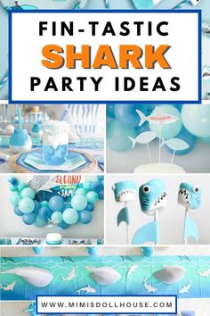 a shark themed birthday party with blue and white decorations