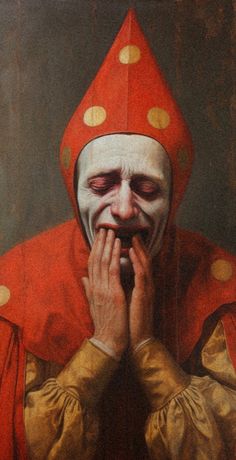 a painting of a clown with his hands on his face