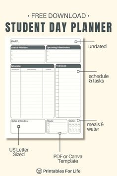 a student's day planner with the text, free printables for life