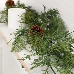 some pine cones are sitting on a table with greenery and candles in front of them