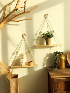 two hanging shelves with plants and vases on them